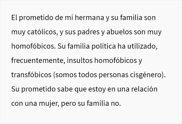 Esta mujer católica no quiere que su hermana asista con su novia a su boda, y genera un conflicto familiar