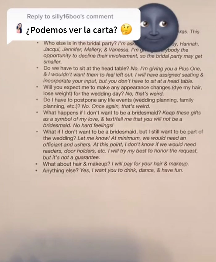 Para hacerles saber a sus damas de honor en lo que se metían, esta novia decidió explicar los costos y otras expectativas del cortejo nupcial en una “carta de transparencia”