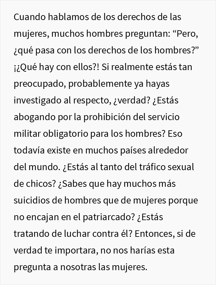 Esta mujer da un ejemplo perfecto de cómo responderle a un misógino cuando pregunta: “Pero, ¿qué pasa con los derechos de los hombres?”