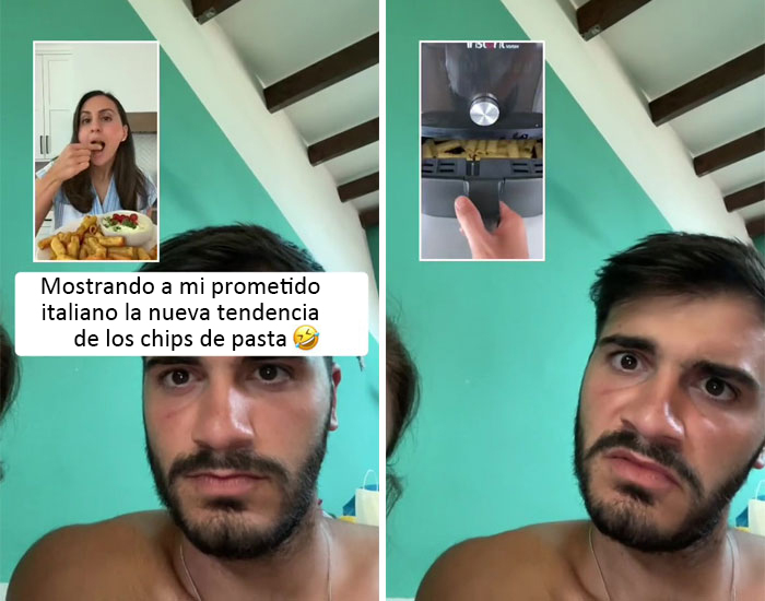 Mostrando a mi prometido italiano la nueva tendencia de los chips de pasta