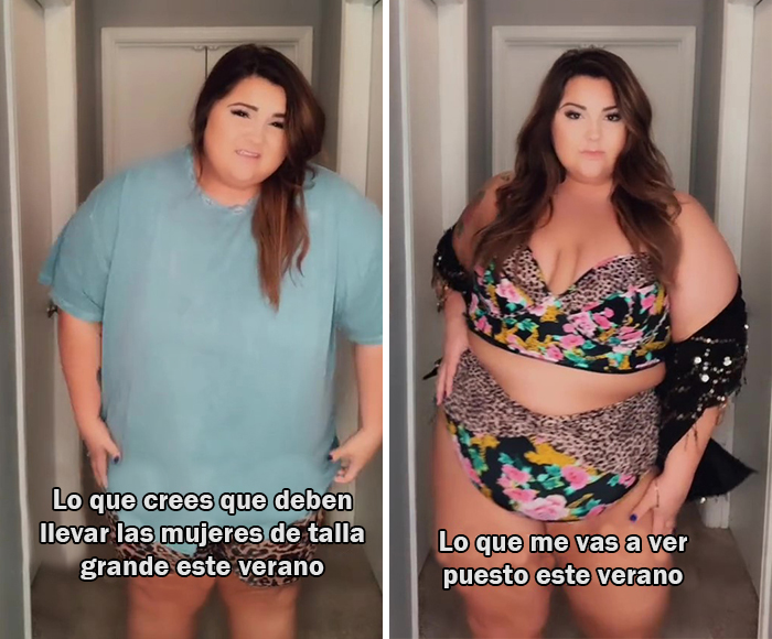 5 Fotos de mujeres de talla grande comparando lo que otros quieren que lleven en la playa con lo que ellas quieren llevar