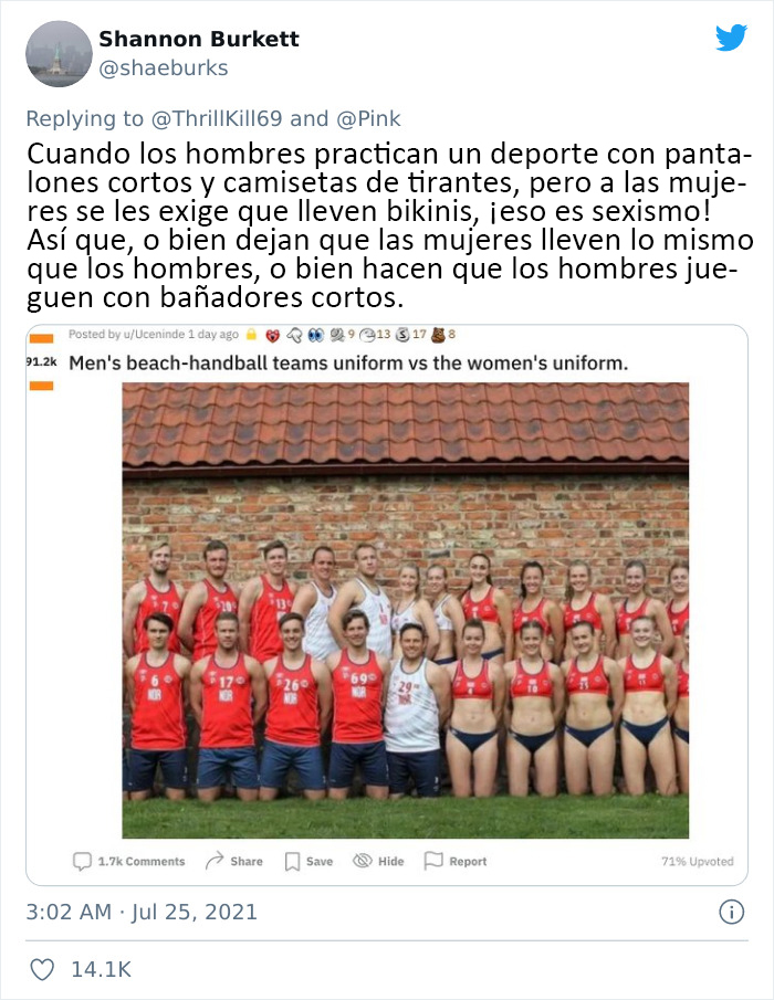 Pink se ofrece a pagar una multa "sexista" a un equipo de balonmano playa femenino que llevó pantalones cortos a un partido en lugar de bikini