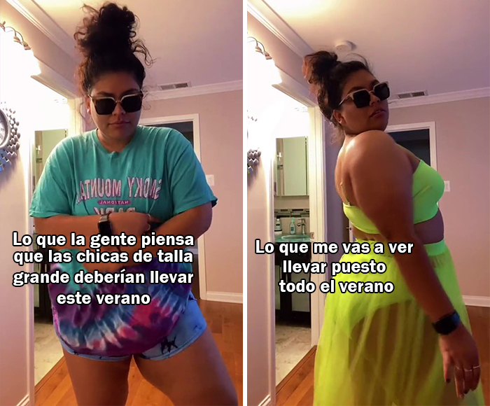 5 Fotos de mujeres de talla grande comparando lo que otros quieren que lleven en la playa con lo que ellas quieren llevar