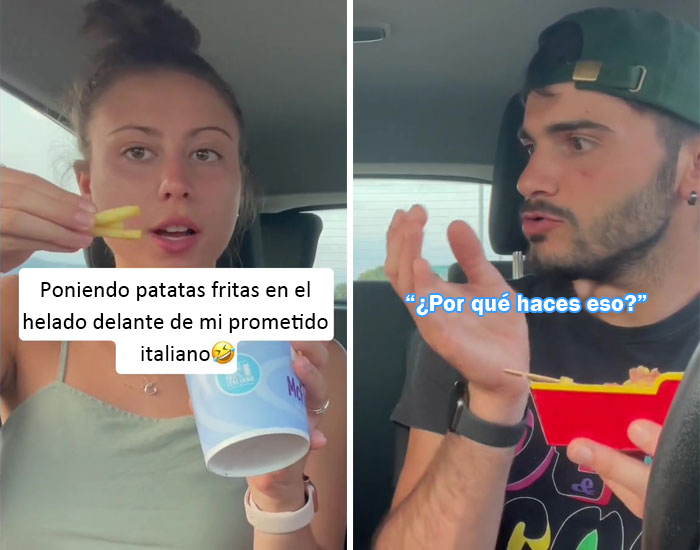 Poniendo patatas fritas en el helado delante de mi prometido italiano