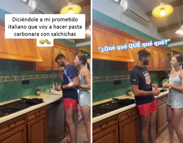 Diciéndole a mi prometido italiano que voy a hacer pasta carbonara con salchichas