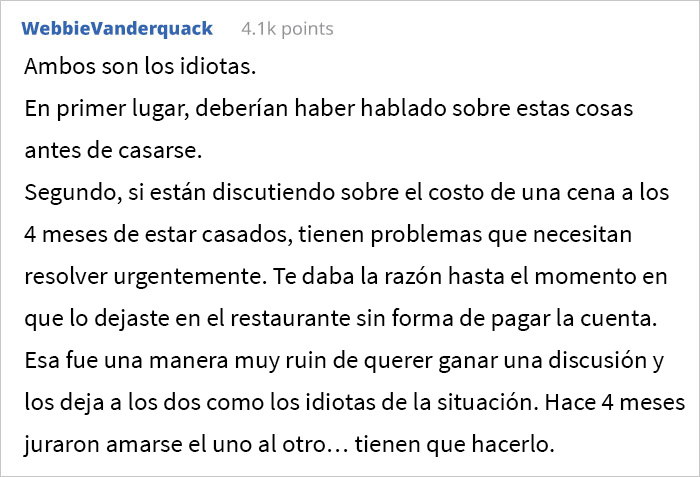 Esta mujer acordó separar finanzas con su esposo y acabó abandonándolo en el restaurante cuando él no tuvo para pagar su parte