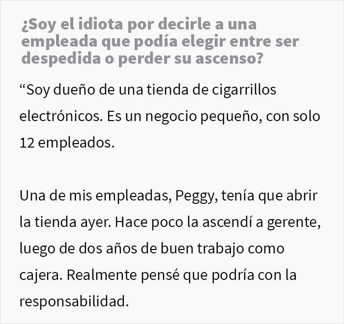 Esta empleada, a quien hace poco le dieron un ascenso, se toma el día sin avisarle a nadie, y su jefe la hace elegir entre despedirla o quitarle el ascenso