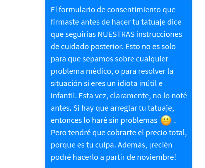 Este salón de tatuajes compartió una conversación con un cliente que no siguió las instrucciones por hacer lo que su padre decía