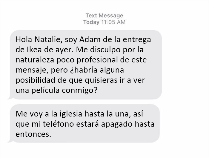Mi compañera de piso trató de conseguir una entrega de IKEA en nuestro apartamento. Llamaron y se negaron a entrar en nuestro complejo, diciendo que tendría que coger la estantería de su camión y conducirla hasta nuestra casa. Después de hacerlo irritada en pijama y sin apenas hablar con los repartidores, hoy ha recibido este mensaje