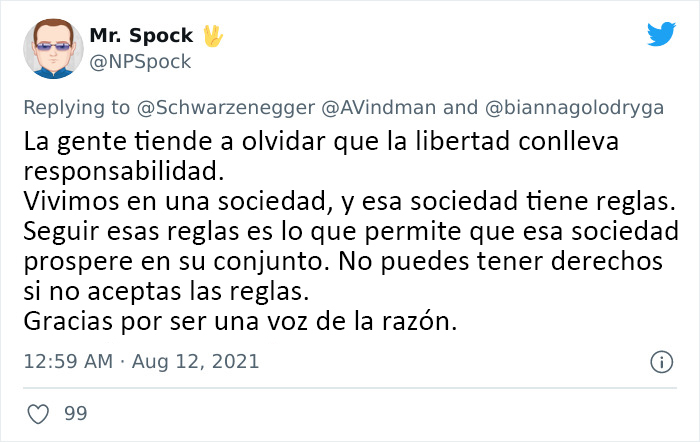 Arnold Schwarzenegger acalla a los antimascarillas con esta analogía y explica qué es la "verdadera libertad"