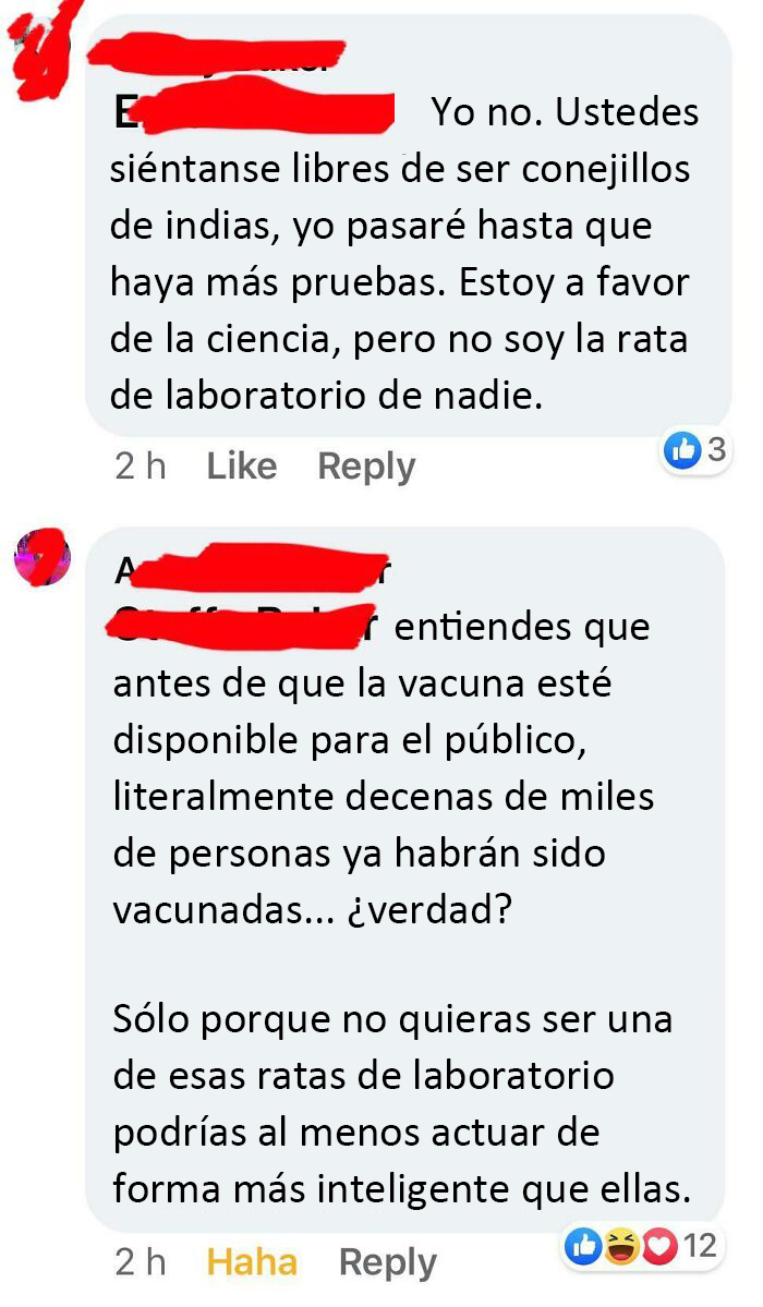 Sobre un post en el que se preguntaba si los antivacunas querrían recibir la vacuna Covid-19 si se lanzara oficialmente