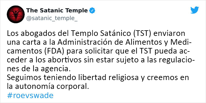 La gente aplaude al Templo Satánico por dar la cara para proteger el derecho al aborto en una carta viral a la FDA