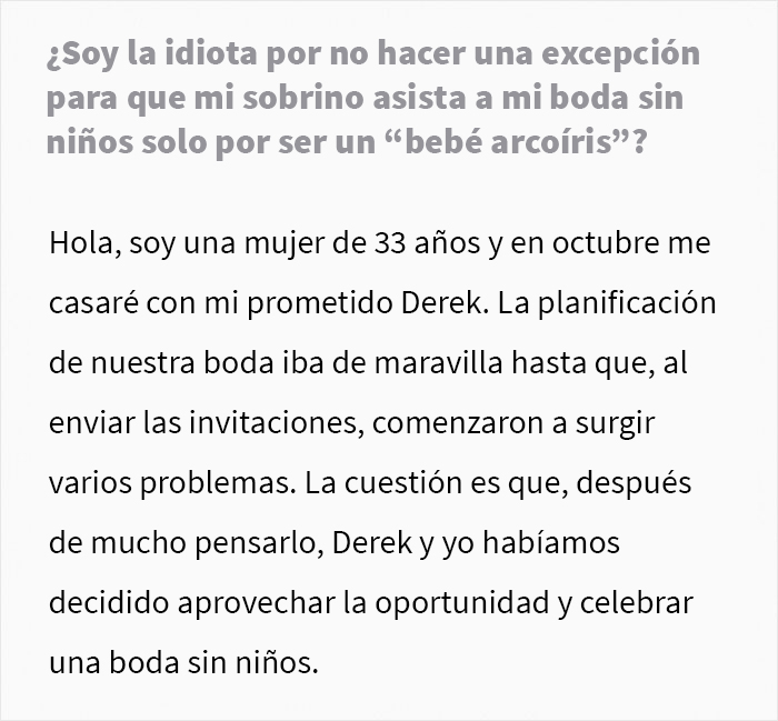 Esta mujer decidió celebrar una boda sin niños y su familia se enfada por no hacer una excepción con su sobrino "arco iris"