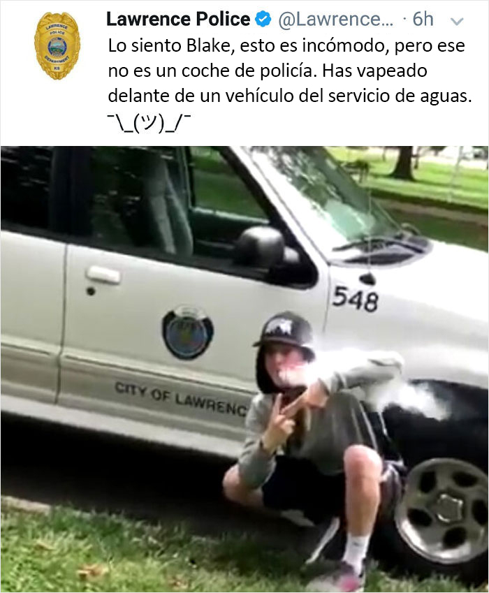 Vapeando delante de un vehículo de servicio de agua pensando que es un coche de policía