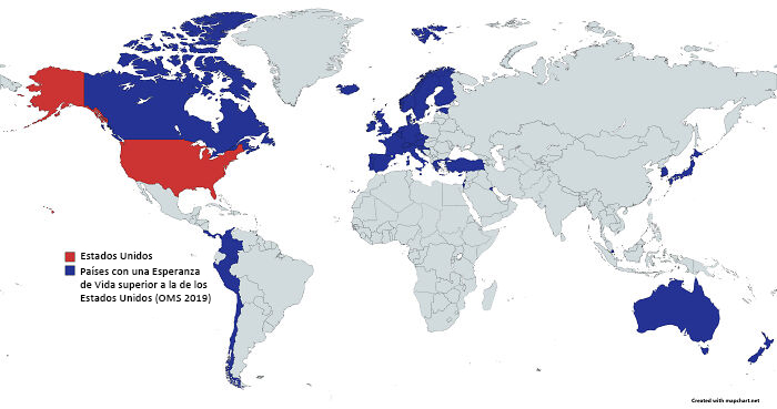 Países con mayor esperanza de vida que los Estados Unidos (Organización Mundial de la Salud 2019)