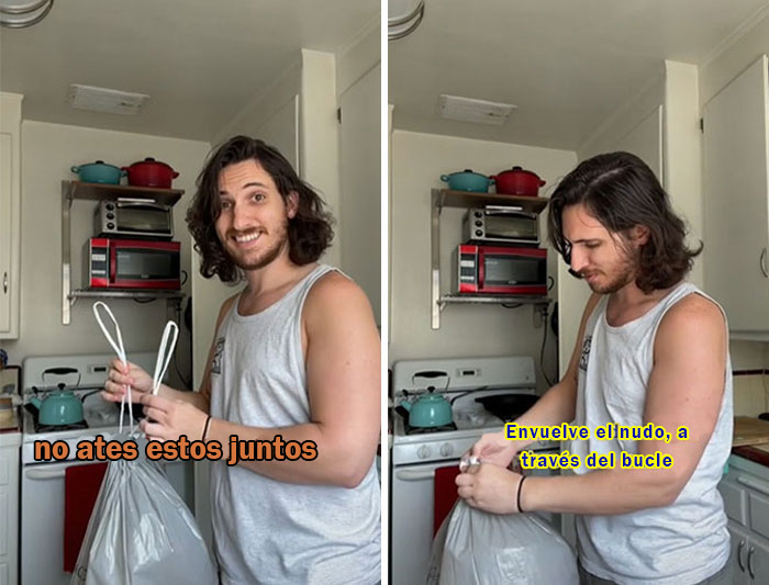 Cómo atar una bolsa de basura: no ates las asas. Sostenlas, haz un nudo. Envuelve el nudo, a través del bucle creando un buen sello apretado