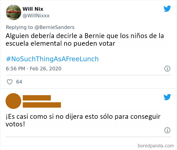 Bajo un tuit de Bernie sobre cómo los niños deberían tener almuerzos escolares gratuitos