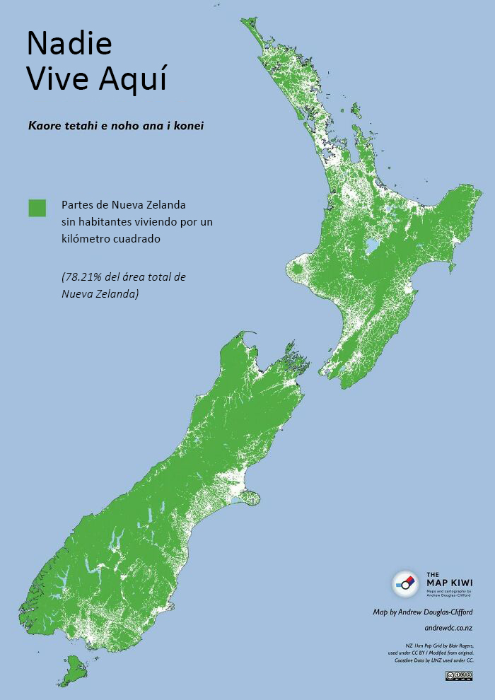 Nadie vive en la parte verde de Nueva Zelanda, la densidad de población allí es de 0 personas por kilómetro y eso es alrededor del 78% del territorio de Nueva Zelanda