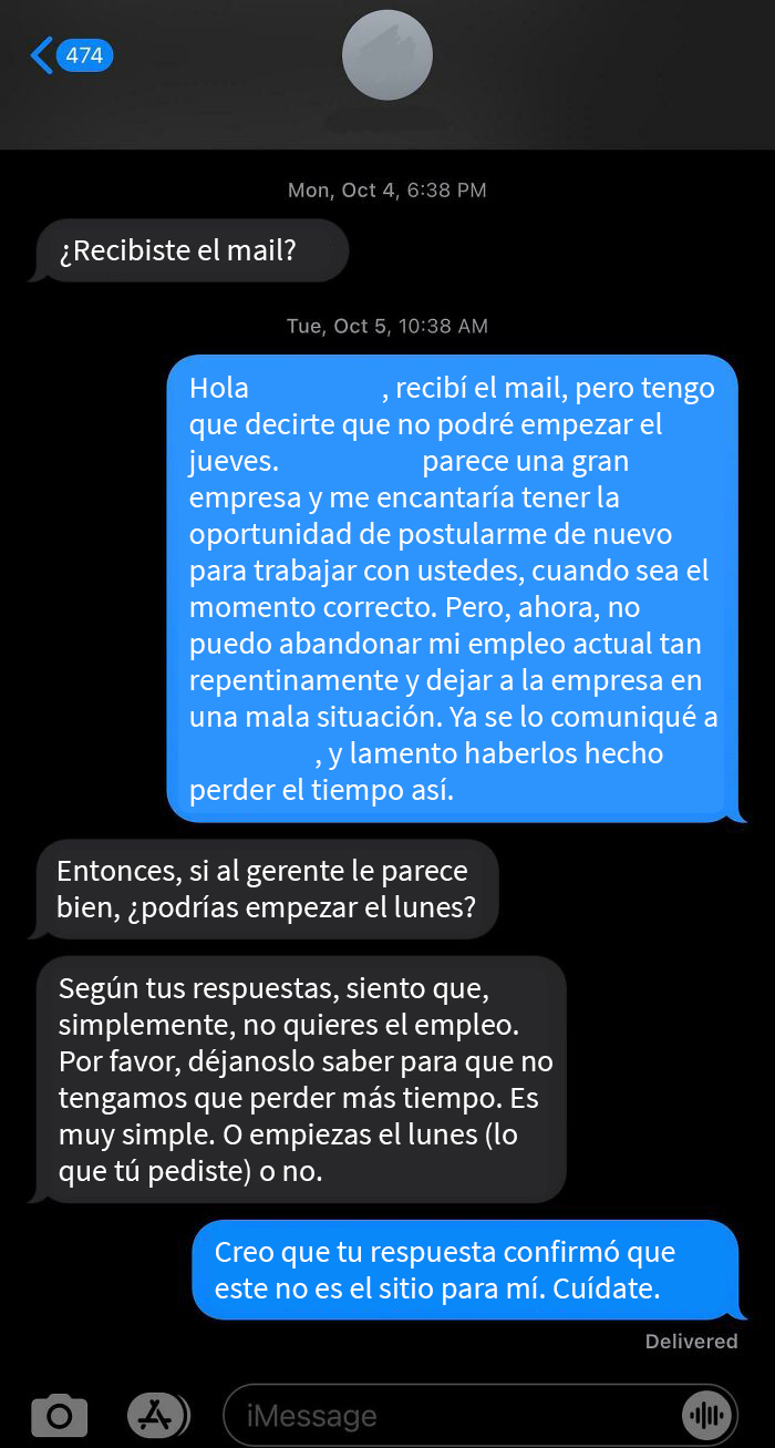 Respuesta del reclutador, luego de que le dijera que no podía empezar con dos días de aviso