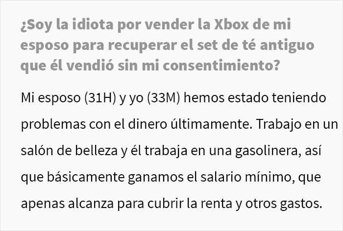 Este esposo vendió el juego de té antiguo de su esposa por 300$ con una excusa, y ella vendió la Xbox de él para recuperarlo