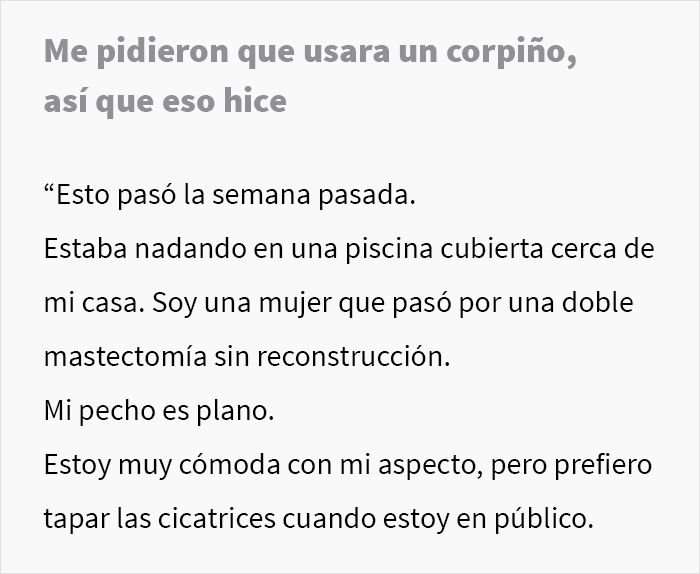 Le pidieron a una mujer con una mastectomía doble que usara corpiño en la piscina, ella siguió la regla al pie de la letra en su cumplimiento malicioso