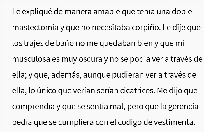 Le pidieron a una mujer con una mastectomía doble que usara corpiño en la piscina, ella siguió la regla al pie de la letra en su cumplimiento malicioso