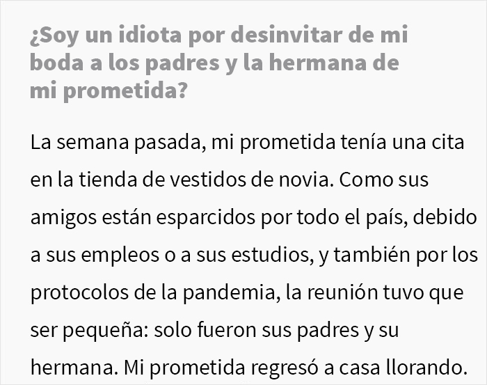 Este chico desinvitó de su boda a la familia de su prometida después de que la ningunearan comprando el vestido