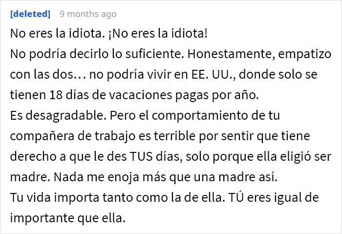 Esta mujer sin hijos se negó a darle 6 de sus días de vacaciones a una compañera de trabajo con 3 hijos, generando un conflicto en la oficina