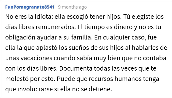 Esta mujer sin hijos se negó a darle 6 de sus días de vacaciones a una compañera de trabajo con 3 hijos, generando un conflicto en la oficina