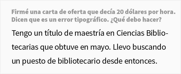 Esta persona consiguió un trabajo de 20$ la hora, pero en el cheque le pagaron la mitad porque "el contrato tenía un error"