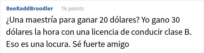 Esta persona consiguió un trabajo de 20$ la hora, pero en el cheque le pagaron la mitad porque "el contrato tenía un error"