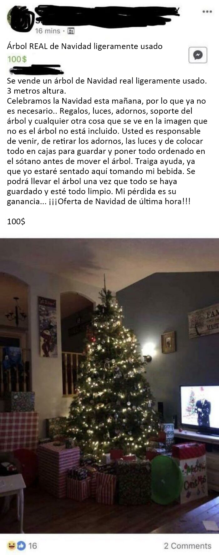 Págame 100 dólares y te dejaré desmontar mi árbol de Navidad, las luces y los adornos mientras me siento a mirarte y a beber