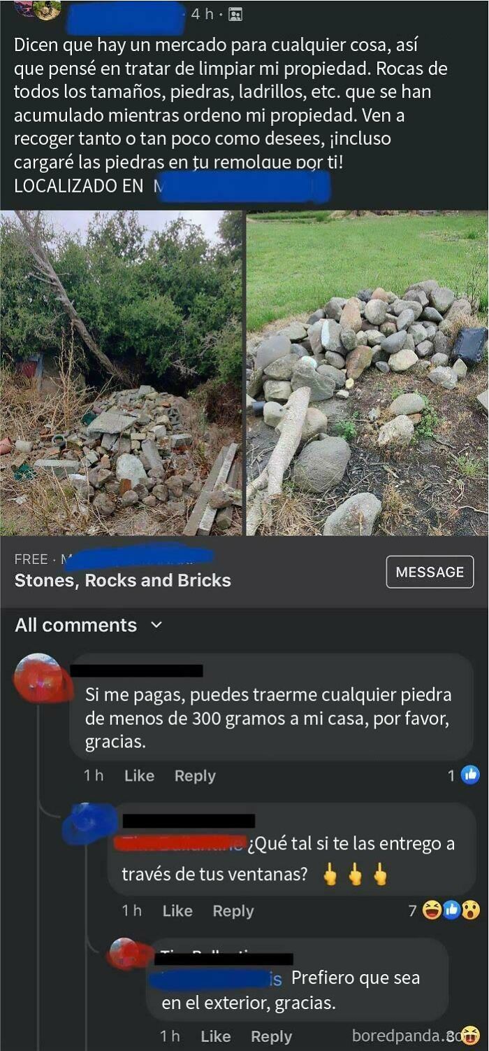 Un tipo quiere que le paguen para que le lleven piedras gratis a su casa