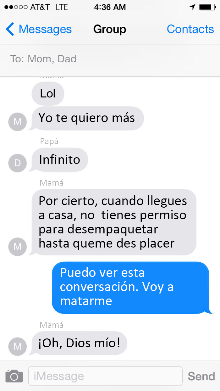 Es estupendo que mis padres sigan queriéndose después de 30 años, pero me gustaría que mi madre supiera cómo funcionan los mensajes en grupo