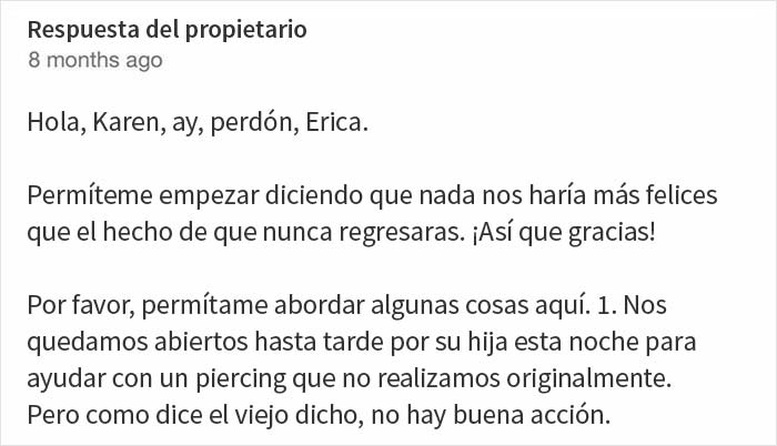 Esta "Karen" deja una reseña de 1 estrella a un estudio de piercings, y la gente se parte con la respuesta del propietario