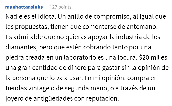 “¿Soy idiota por comprarle a mi prometida un diamante fabricado en un laboratorio y negarme a cambiarlo por una piedra natural?”