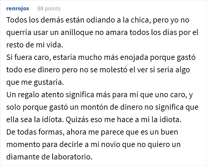 “¿Soy idiota por comprarle a mi prometida un diamante fabricado en un laboratorio y negarme a cambiarlo por una piedra natural?”