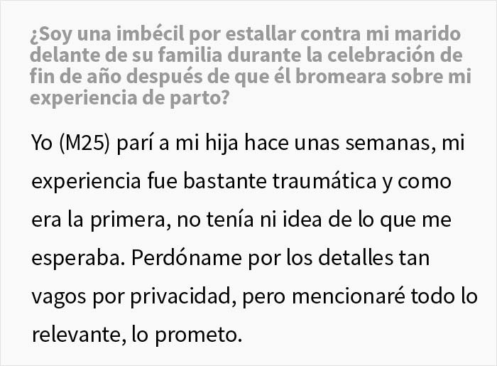 El marido humilla a su mujer delante de toda su familia al burlarse de su vergonzosa experiencia en el parto, y ella termina estallando