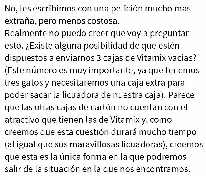 Tras una “guerra” de 2 semanas y media con 3 gatos, esta mujer contactó a Vitamix para pedirles cajas vacías que reemplazaran aquella que tomaron sus gatos