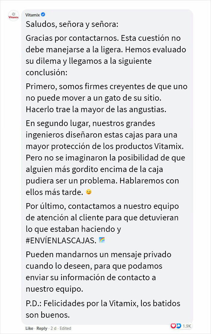 Tras una “guerra” de 2 semanas y media con 3 gatos, esta mujer contactó a Vitamix para pedirles cajas vacías que reemplazaran aquella que tomaron sus gatos