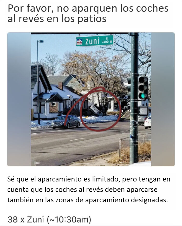 El hecho de que esté al revés no significa que se pueda aparcar en el césped [Denver]