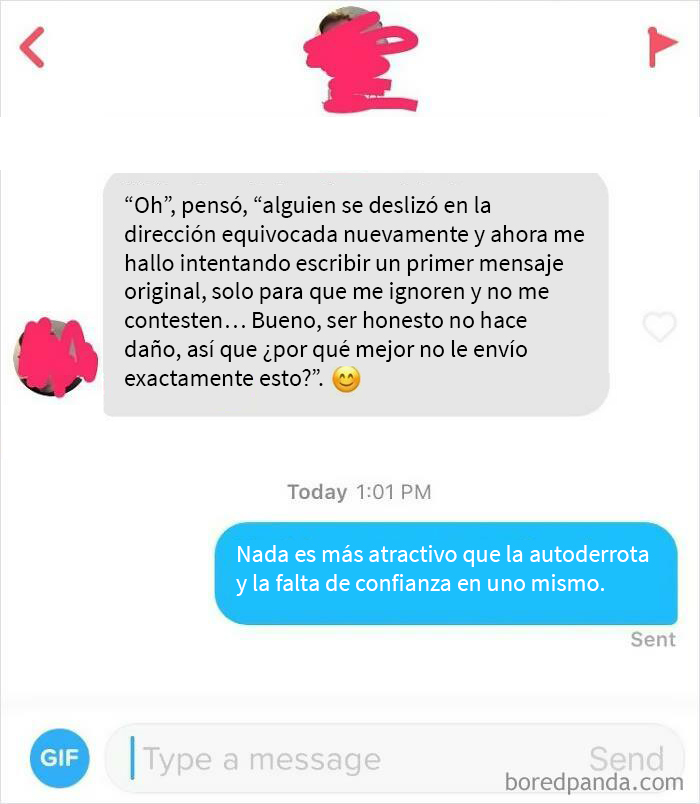 Monólogo interno como primer mensaje en Tinder