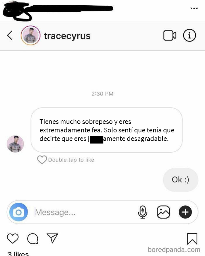 El hermano de Miley Cyrus le envió este mensaje a alguien de mi inicio de Instagram, dado que le comentó “desagradable” en una fotografía que publicó asfixiando a su prometida