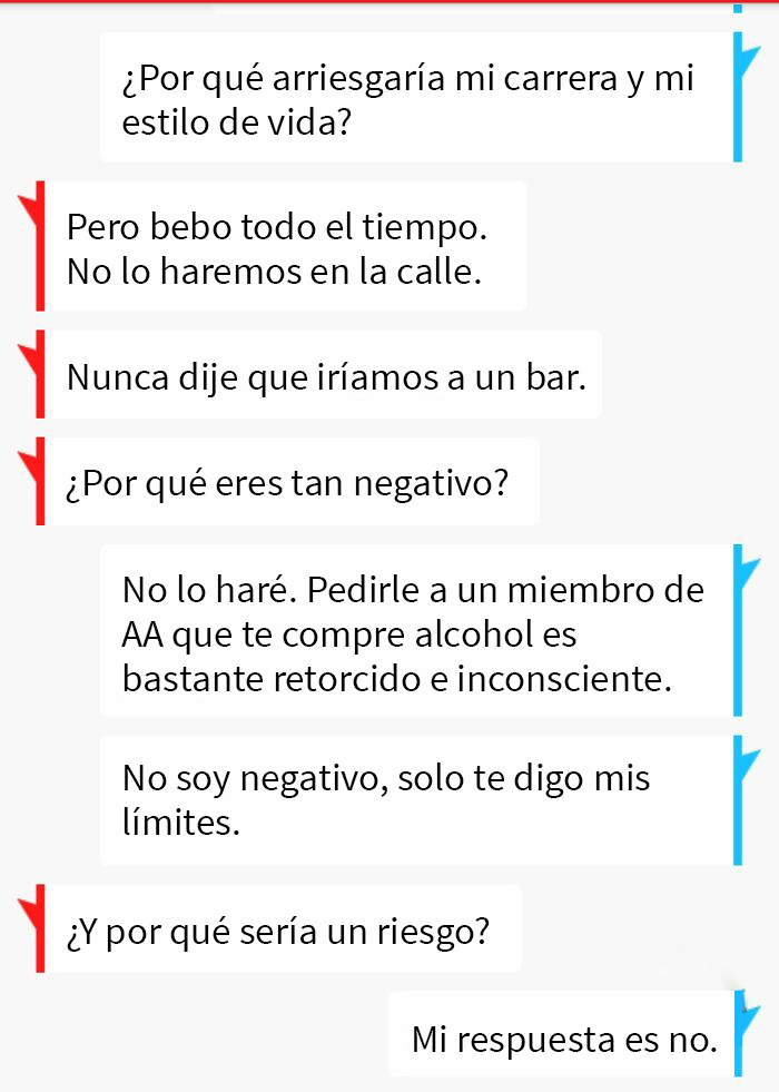 Match de Tinder (18 años) diciéndome que saldrá conmigo (21) solo si le compro alcohol… y hay mucho más de esto