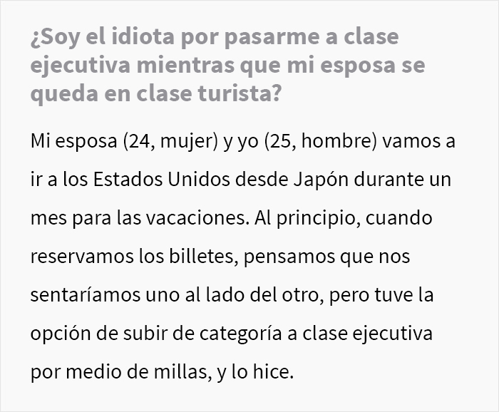 “Ella piensa que prefiero la clase business en vez de a ella”: La esposa de este hombre se enojó cuando él subió la categoría de su billete para un vuelo de 12 horas