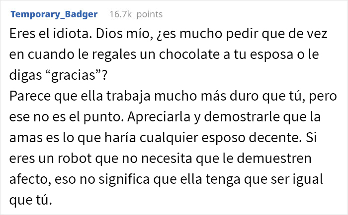 Este hombre pregunta si fue cruel al decirle a su esposa que dejara de esperar aprecio por lo que hace ya que ser ama de casa es su trabajo