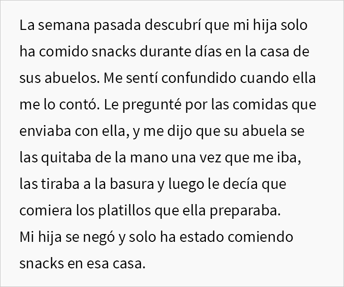 Esta suegra tiraba las comidas que su nieta llevaba a su casa, hechas por su padre con las recetas de su esposa fallecida