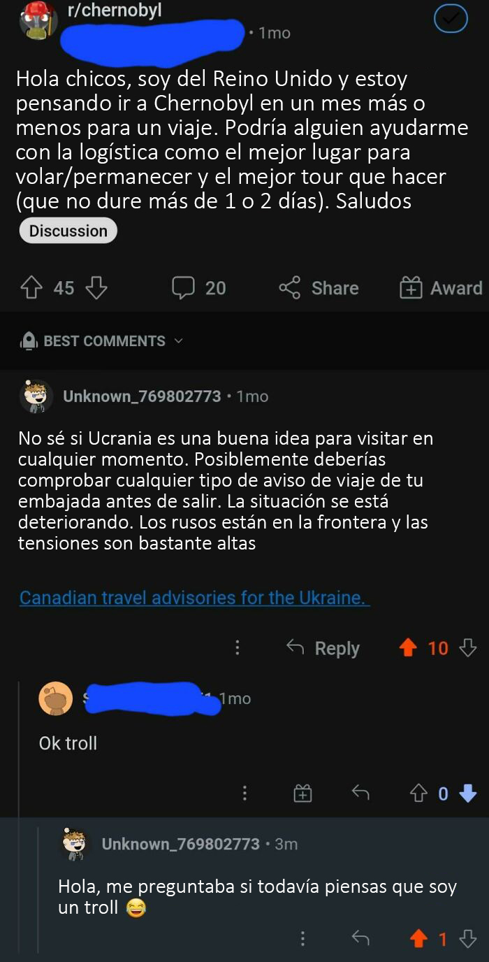 Advirtió a una persona que estaba pensando en viajar a Chernóbil que comprobara las advertencias de viaje y le llamaron troll