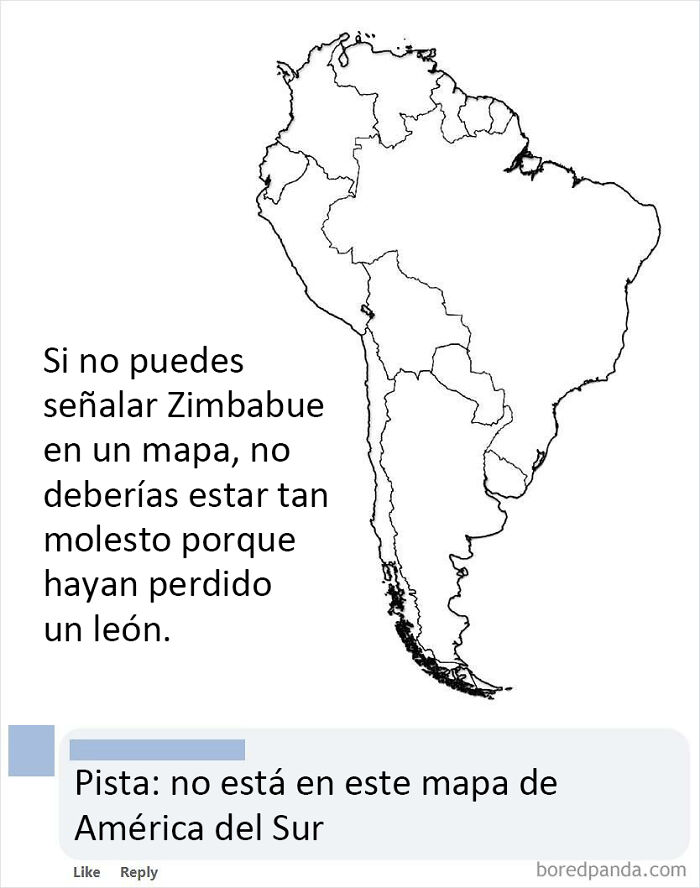 ¡No han sacado un sobresaliente en geografía! Un cartel de Facebook que se burla de la gente que llora la muerte de Cecil, el león que fue asesinado por un cazador en Zimbabue, iba un poco perdido