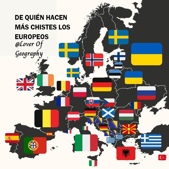 Este post muestra los países sobre los que más bromean los europeos. La bandera del país muestra el país sobre el que más bromean